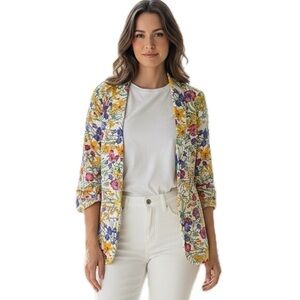 Milk & Honey Chiffon Blazer Jacket White & Colorful Floral Open Front L